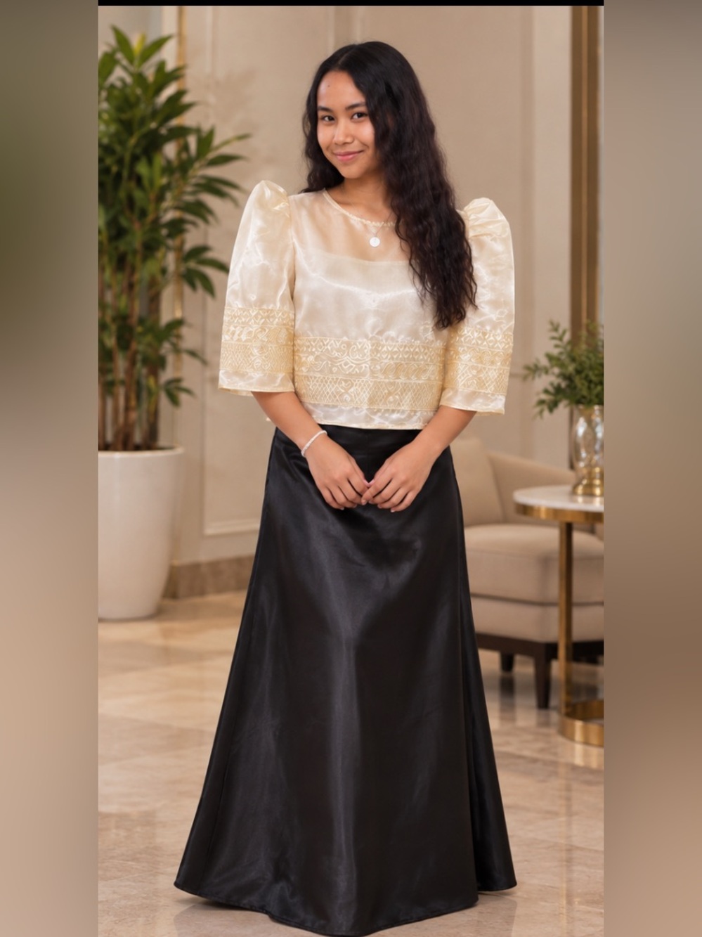 Elegant Filipiniana Mestiza Blouse with Black Satin Maxi Classic Skirt Set